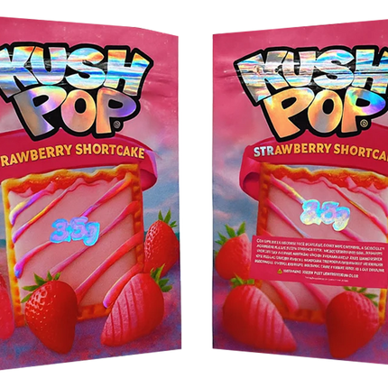Two Mylar Bag packages of Kush Pop Strawberry Shortcake with colorful text and graphics.