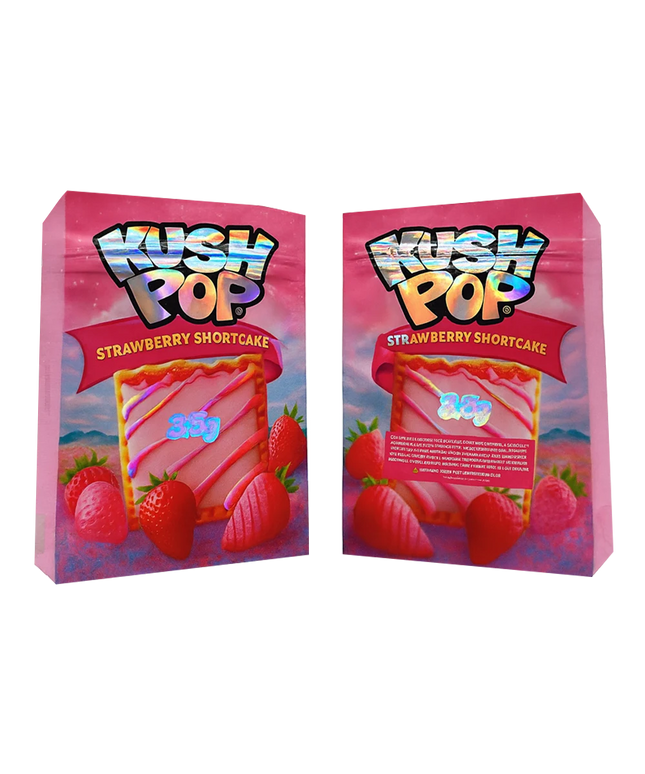 Two Mylar Bag packages of Kush Pop Strawberry Shortcake with colorful text and graphics.