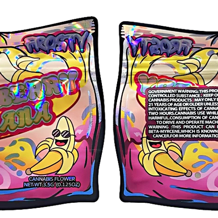 Mylar bag 3.5g, herb Mylar Bags, Where to buy mylar bags, Custom mylar bags near me, Mylar Bags Wholesale. Two colorful packages labeled 'Strawberry Banana' with cartoon characters on a white background.