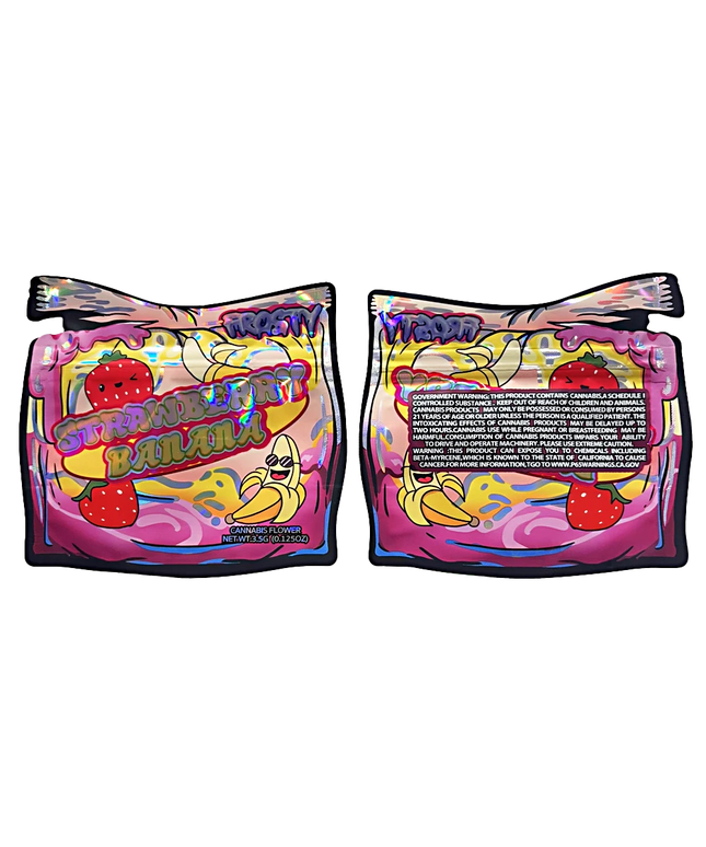 Mylar bag 3.5g, herb Mylar Bags, Where to buy mylar bags, Custom mylar bags near me, Mylar Bags Wholesale. Two colorful packages labeled 'Strawberry Banana' with cartoon characters on a white background.