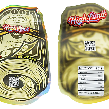 Mylar bag 3.5g, herb Mylar Bags, Where to buy mylar bags, Custom mylar bags near me, Mylar Bags Wholesale. Two packages of 'High Limit' product with visible branding and nutritional information.