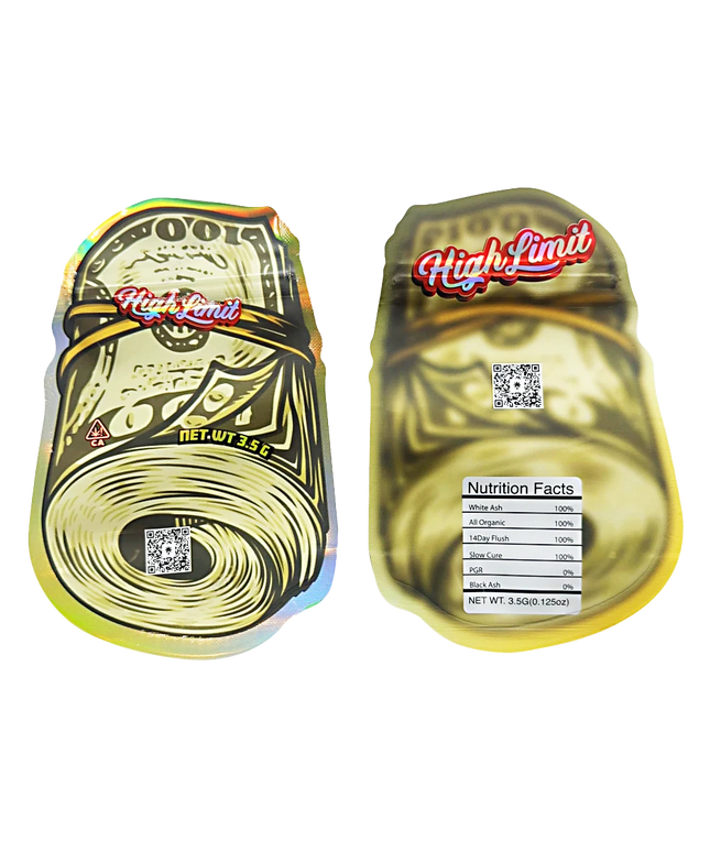 Mylar bag 3.5g, herb Mylar Bags, Where to buy mylar bags, Custom mylar bags near me, Mylar Bags Wholesale. Two packages of 'High Limit' product with visible branding and nutritional information.