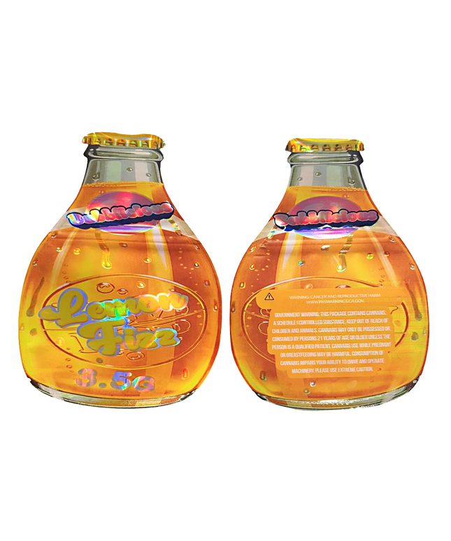 Mylar bag 3.5g, herb Mylar Bags, Where to buy mylar bags, Custom mylar bags near me, Mylar Bags Wholesale. Two bottles of Lemon Fizz with colorful labels on a white background