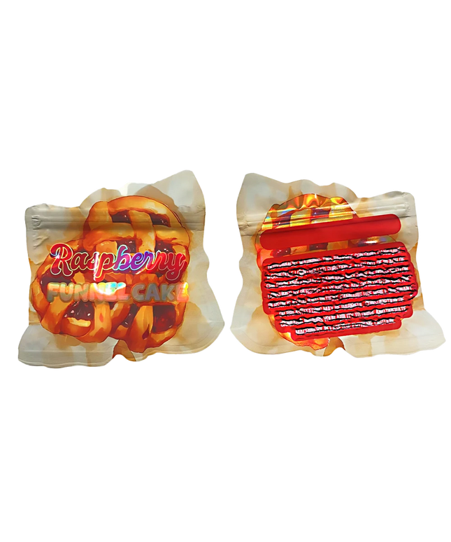 3.5g Raspberry Funnel Cake Shaped Mylar Bags - 50 Count