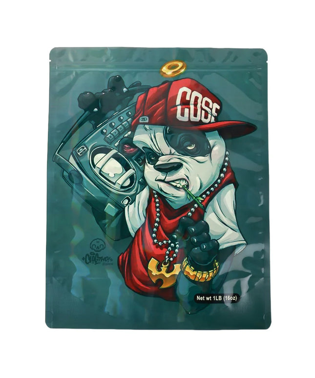 Mylar bag 1LB, herb Mylar Bags, Where to buy mylar bags, Custom mylar bags near me, Mylar Bags Wholesale. Drug packaging with a stylized panda bear wearing a red cap and smoking a cigarette.