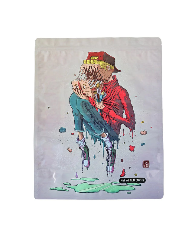Mylar bag 1LB, herb Mylar Bags, Where to buy mylar bags, Custom mylar bags near me, Mylar Bags Wholesale. Artistic depiction of a person with a colorful, abstract design on a white background