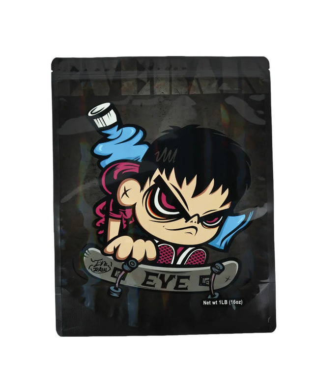 Mylar bag 1LB, herb Mylar Bags, Where to buy mylar bags, Custom mylar bags near me, Mylar Bags Wholesale. Black packaging with a cartoon character and 'EYE' branding on a white background