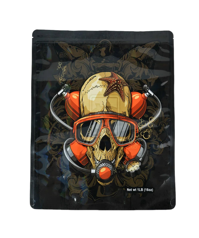 Mylar bag 1LB, herb Mylar Bags, Where to buy mylar bags, Custom mylar bags near me, Mylar Bags Wholesale. Decorative packaging with a skull design wearing goggles and surrounded by orange elements on a black background.