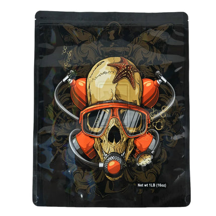 Mylar bag 1LB, herb Mylar Bags, Where to buy mylar bags, Custom mylar bags near me, Mylar Bags Wholesale. Decorative packaging with a skull design wearing goggles and surrounded by orange elements on a black background.