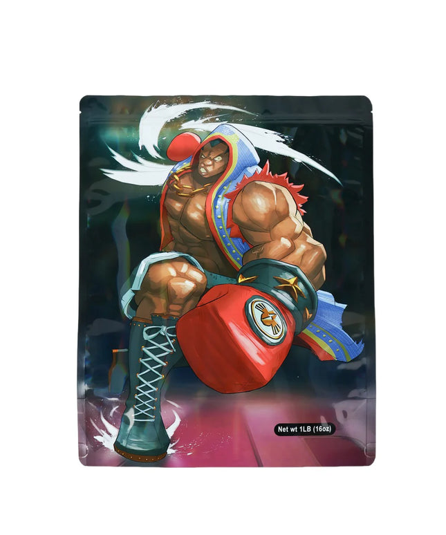Mylar bag 1LB, herb Mylar Bags, Where to buy mylar bags, Custom mylar bags near me, Mylar Bags Wholesale. Character with boxing glove on a product packaging