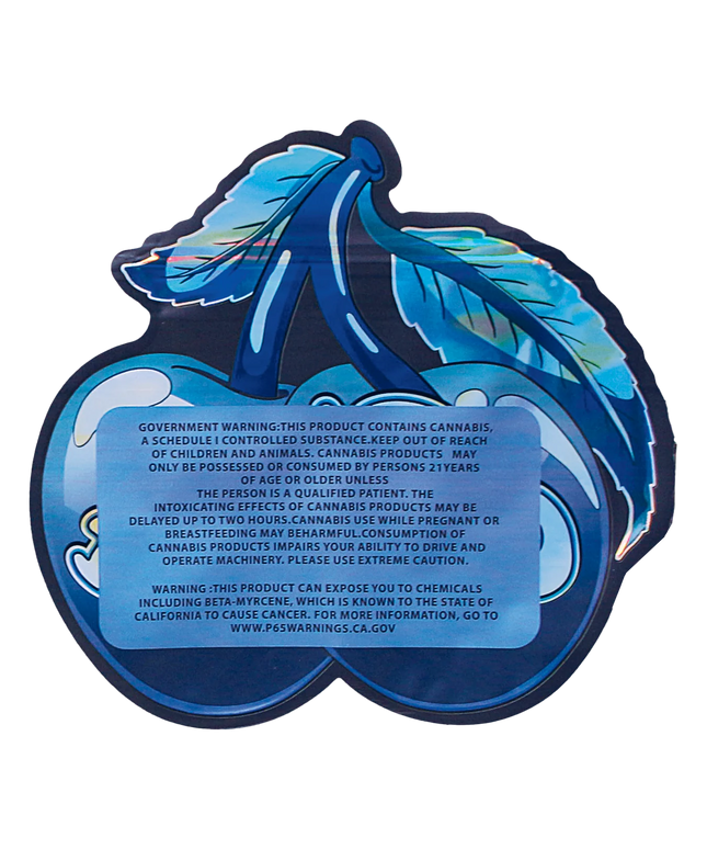 Mylar Bag Blue feathered product packaging with warning label on a white background