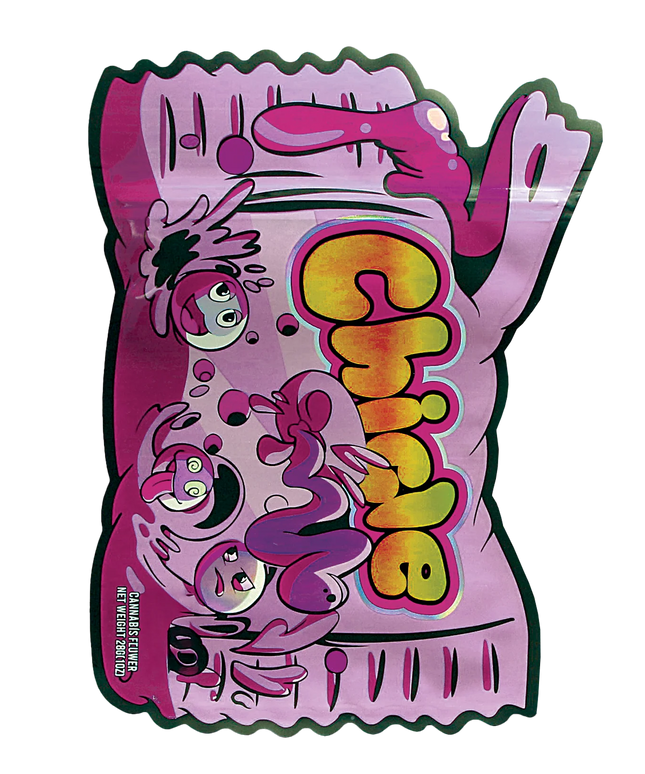 Mylar Bag Colorful packaging of a candy product with cartoon characters on a white background