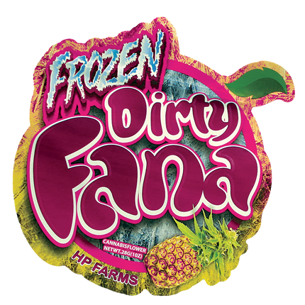 Mylar Bag Colorful logo with 'Frozen Dirty Fana' text and herbflower design on a white background