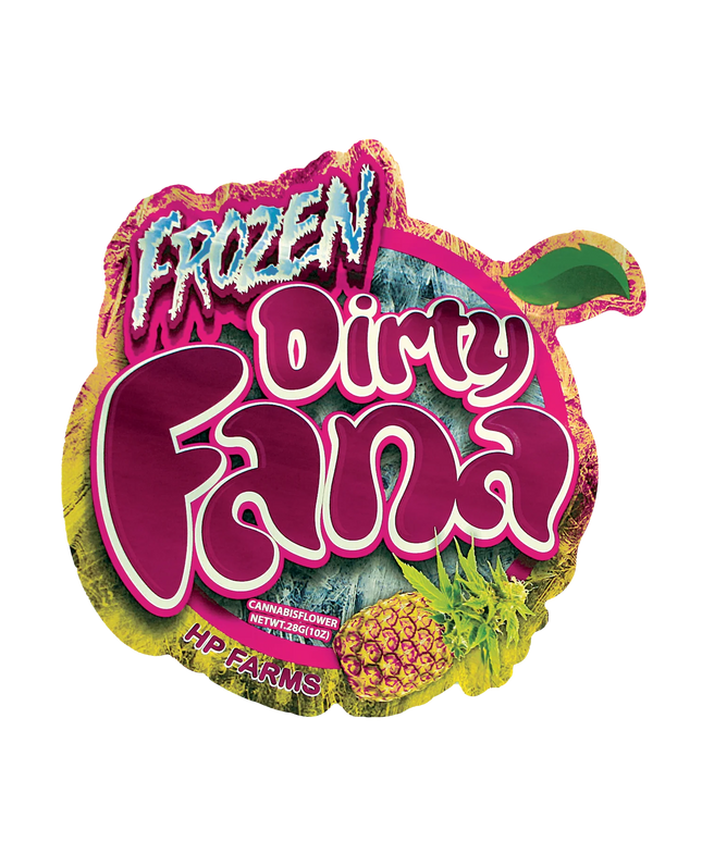 Mylar Bag Colorful logo with 'Frozen Dirty Fana' text and herbflower design on a white background