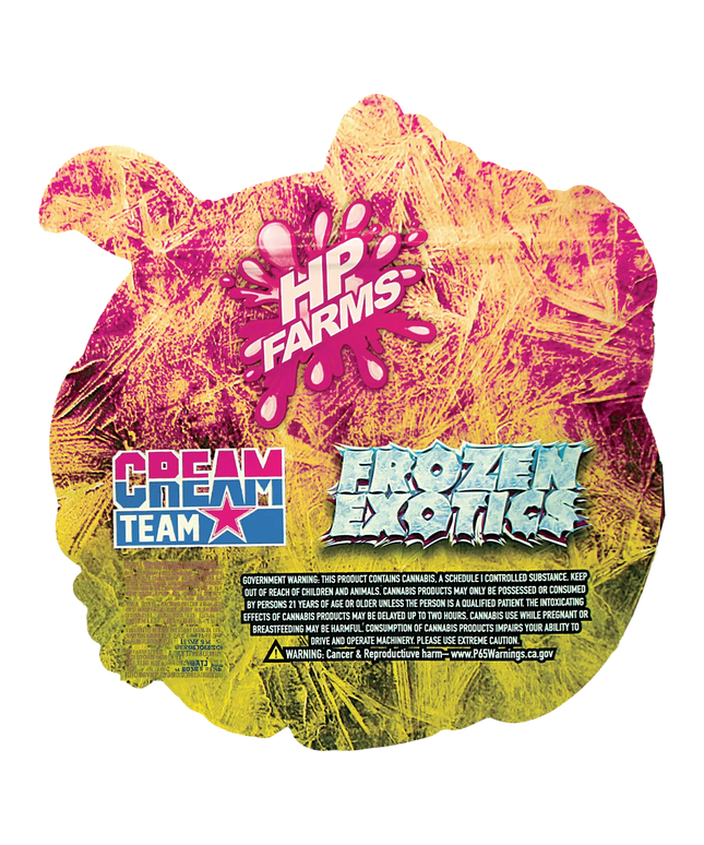 Mylar Bag Product packaging with HP Farms, Cream Team, and Frozen Exotics branding on a colorful background.