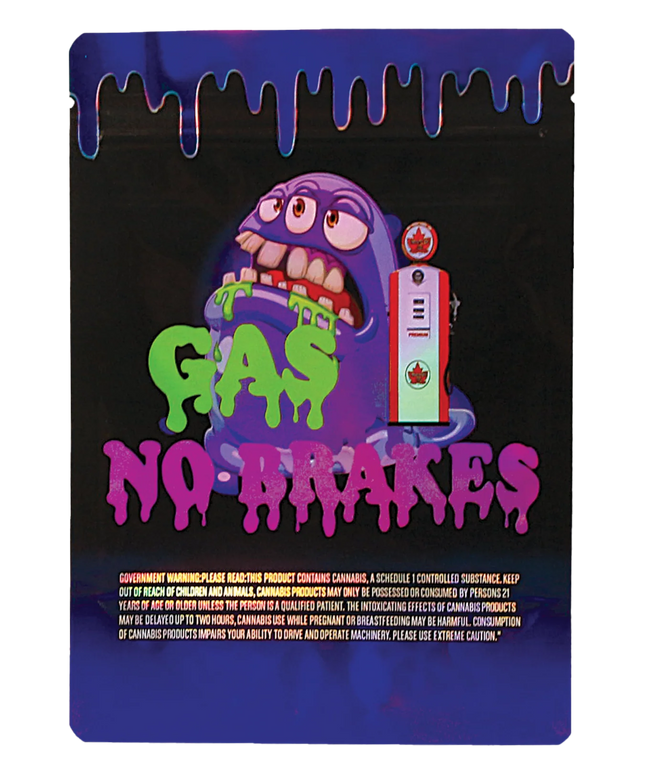 Mylar Bag Colorful packaging with a cartoon character and text on a black background