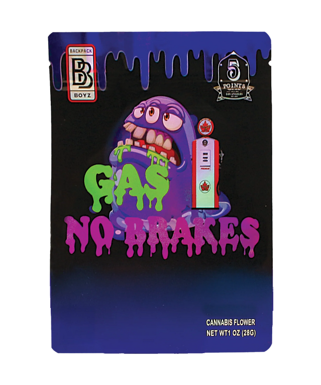 Mylar Bag herb packaging with a cartoon character and 'Gas No Brakes' text on a black background
