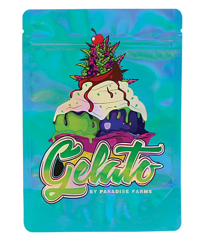 Mylar Bag Gelato-themed packaging with ice cream cone illustration on a blue background