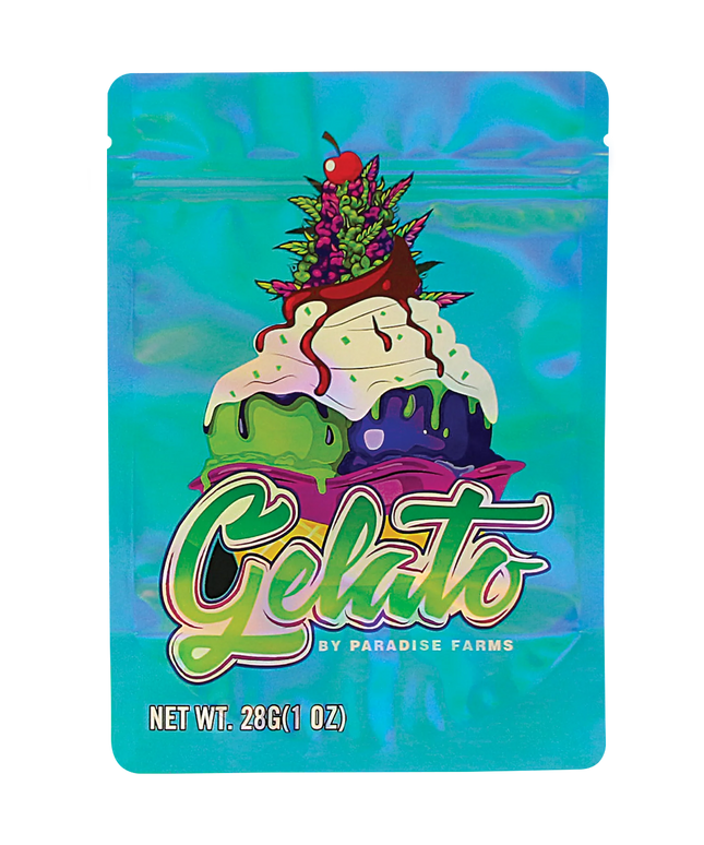 Large mylar bags, herb Mylar Bags, Mylar Bags 28 grams, Where to buy mylar bags, Custom mylar bags near me.  Gelato packaging with colorful design and 'Paradise Farms' branding on a blue background