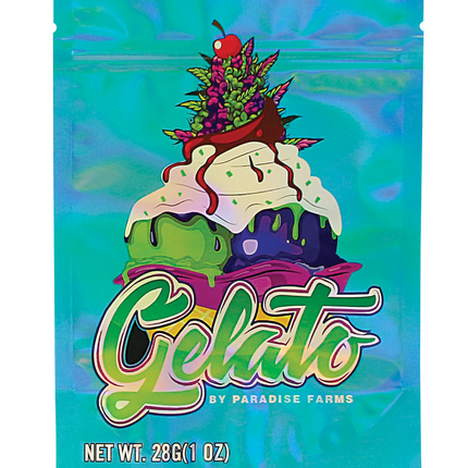 Mylar Bag Gelato packaging with colorful design and 'Paradise Farms' branding on a blue background