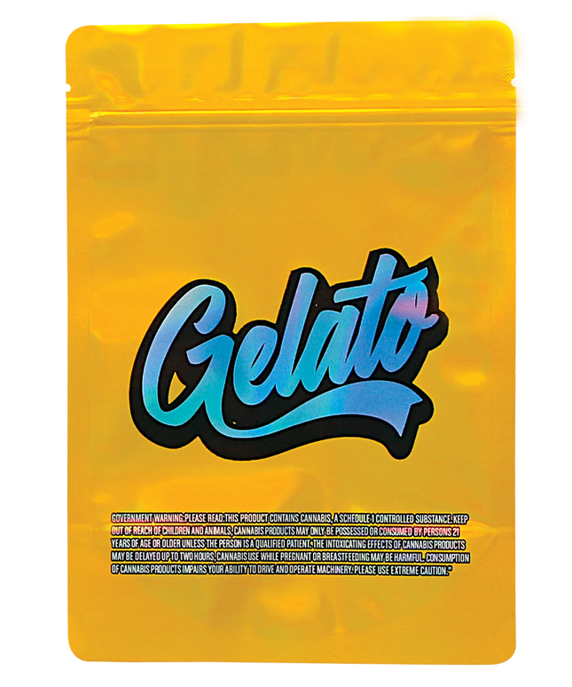 Mylar Bag Yellow packaging with 'Gelato' branding on a white background
