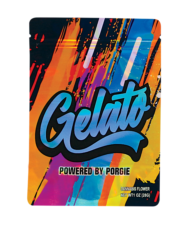 Mylar Bag Colorful packaging with 'Gelato' branding and 'Powered by Porgie' text on a white background