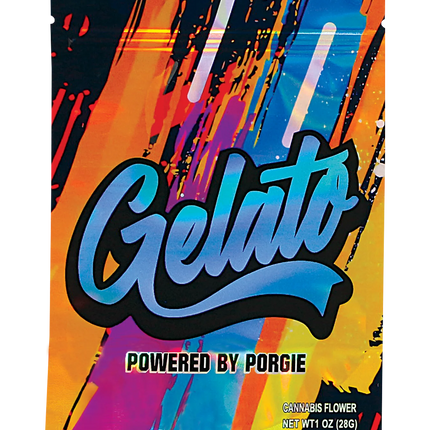 Mylar Bag Colorful packaging with 'Gelato' branding and 'Powered by Porgie' text on a white background