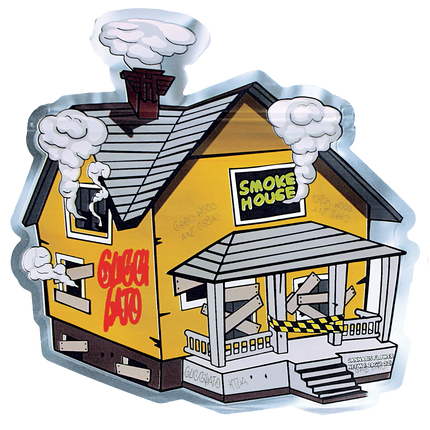 Mylar Bag Illustration of a smokehouse with 'Smoke House' sign and 'Geez BBQ' text on a white background