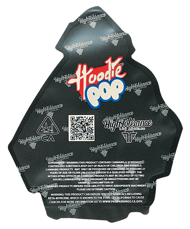 Mylar Bag Black hoodie with 'Hoodie Pop' branding and a QR code on the back, on a white background.