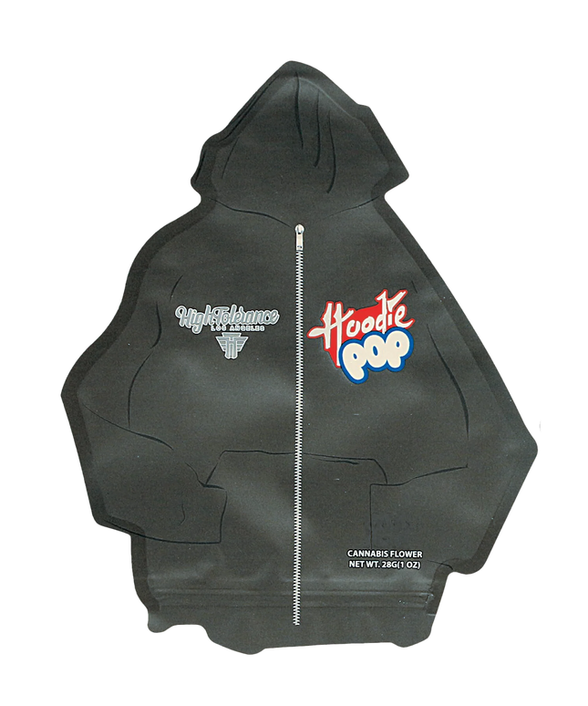 Mylar Bag Black hoodie with text and logos on a white background