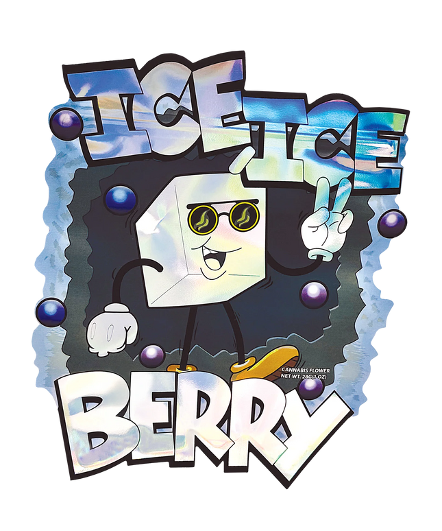 Mylar Bag Cartoon character with sunglasses and peace sign, surrounded by colorful text and shapes on a white background