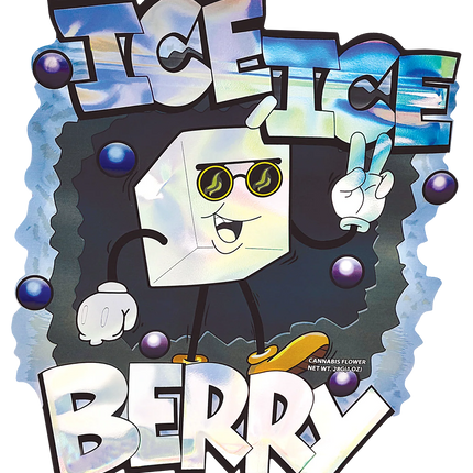 Mylar Bag Cartoon character with sunglasses and peace sign, surrounded by colorful text and shapes on a white background