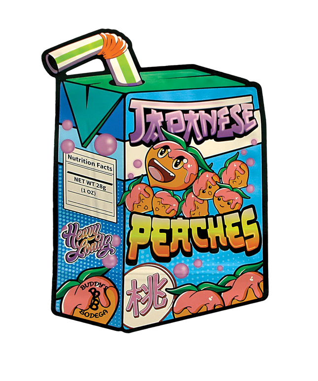 Mylar Bag Cartoon-style packaging of 'Japanese Peaches' with colorful design on a white background