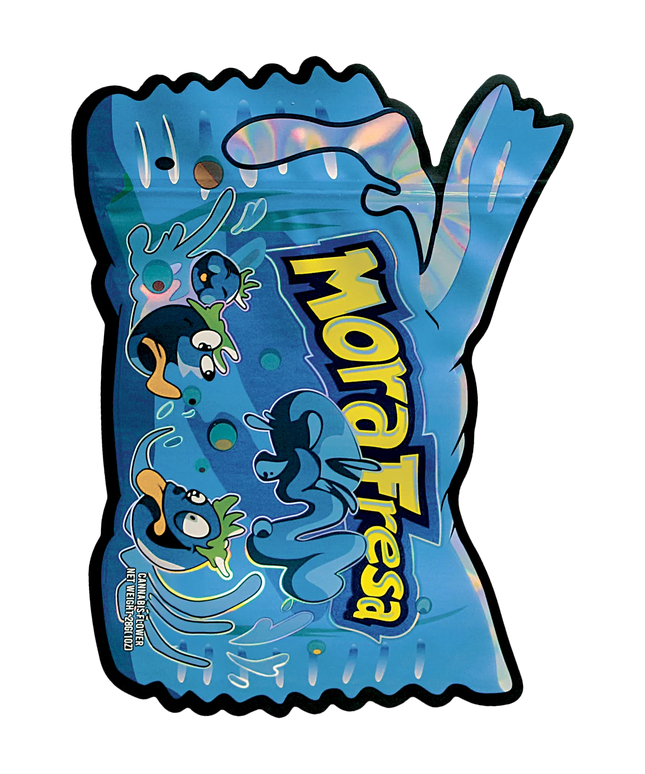 Mylar Bag Blue snack package with a spoon and nutritional information on a white background
