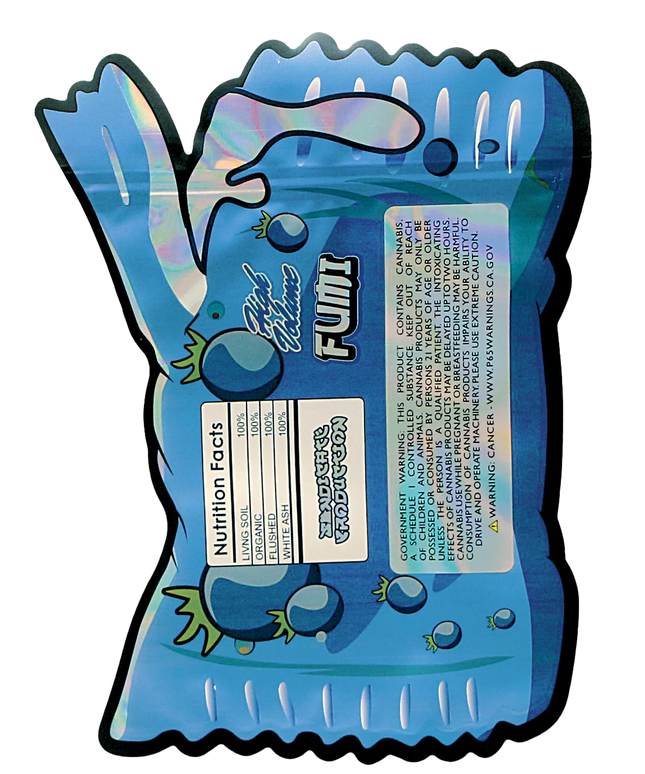 Mylar Bag Blue snack package with a spoon and nutritional information on a white background