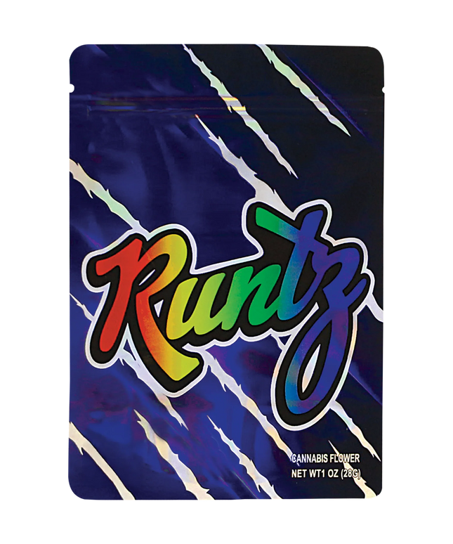 Mylar Bag Runtz herb flower packaging with colorful text on a blue and black background