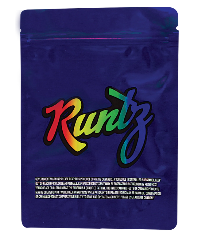 Mylar Bag Runtz packaging with colorful text on a blue background