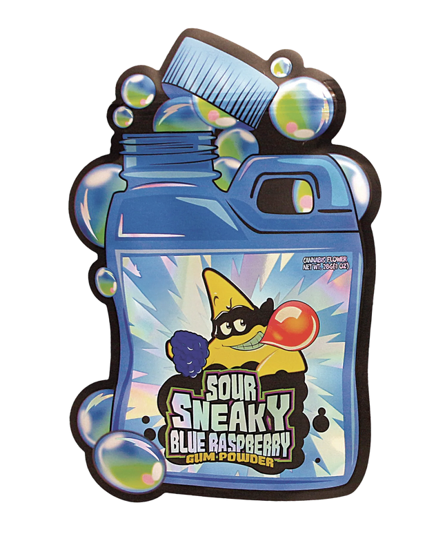 Mylar Bag Sour Sneaky Blue Raspberry gum powder packaging with cartoon character on a white background