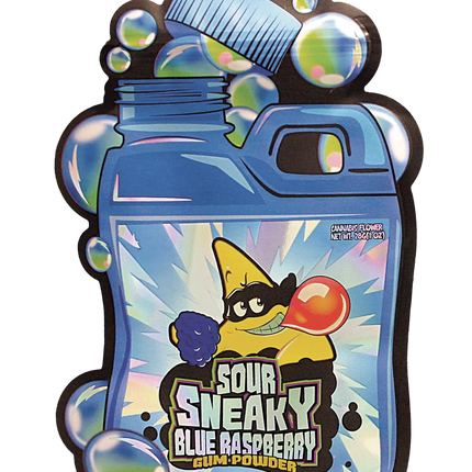 Mylar Bag Sour Sneaky Blue Raspberry gum powder packaging with cartoon character on a white background