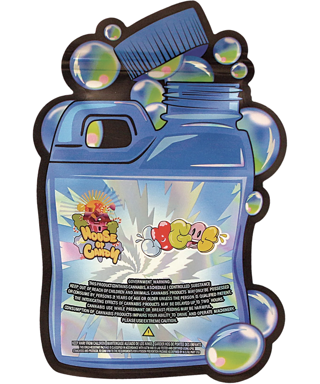 Mylar Bag Blue bottle-shaped container with colorful graphics on a white background