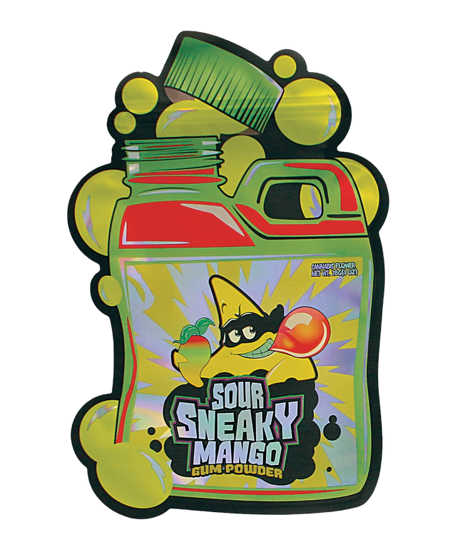 Mylar Bag Colorful packaging of Sour Sneaky Mango gum powder with cartoon character on a white background