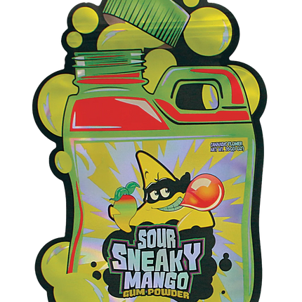 Mylar Bag Colorful packaging of Sour Sneaky Mango gum powder with cartoon character on a white background