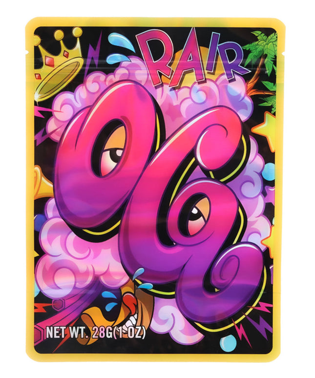 Mylar Bag Colorful packaging with 'RAIR' and '96' text on a black background