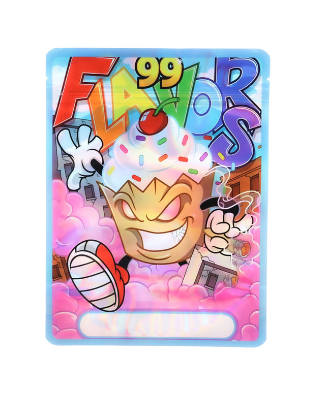 Large mylar bags, herb Mylar Bags, Mylar Bags 28 grams, Where to buy mylar bags, Custom mylar bags near me.  Cartoon ice cream character with colorful text and characters on a white background