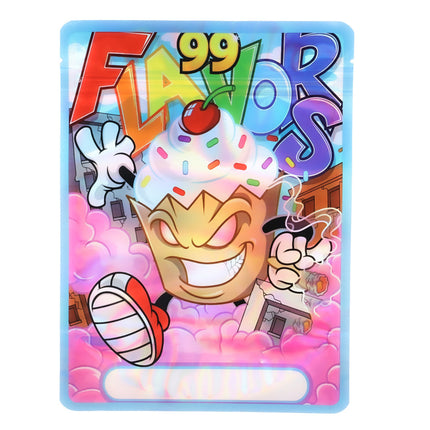 Large mylar bags, herb Mylar Bags, Mylar Bags 28 grams, Where to buy mylar bags, Custom mylar bags near me.  Cartoon ice cream character with colorful text and characters on a white background