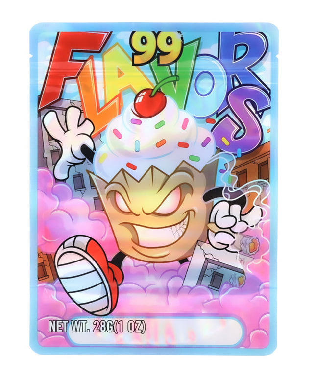 Large mylar bags, herb Mylar Bags, Mylar Bags 28 grams, Where to buy mylar bags, Custom mylar bags near me.  Colorful packaging with cartoon characters and a ice cream cone, labeled '99 Flavors'.