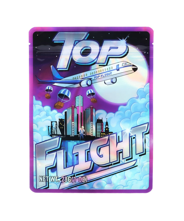 Large mylar bags, herb Mylar Bags, Mylar Bags 28 grams, Where to buy mylar bags, Custom mylar bags near me.  Top Flight candy package with airplane and cityscape design on a white background