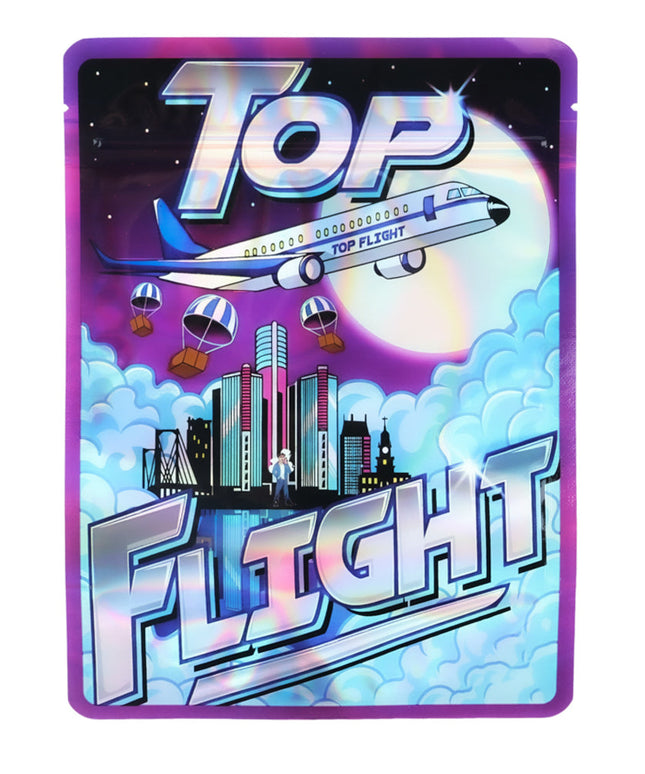 Large mylar bags, herb Mylar Bags, Mylar Bags 28 grams, Where to buy mylar bags, Custom mylar bags near me.  Colorful card with airplane and cityscape design, featuring the text 'Top Flight'.