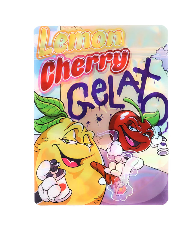 Large mylar bags, herb Mylar Bags, Mylar Bags 28 grams, Where to buy mylar bags, Custom mylar bags near me.  Cartoon lemon and cherry characters with 'Lemon Cherry Gelato' text on a colorful background
