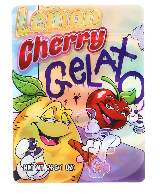Large mylar bags, herb Mylar Bags, Mylar Bags 28 grams, Where to buy mylar bags, Custom mylar bags near me.  Colorful packaging of Lemon Cherry Gelato with cartoon characters on a white background